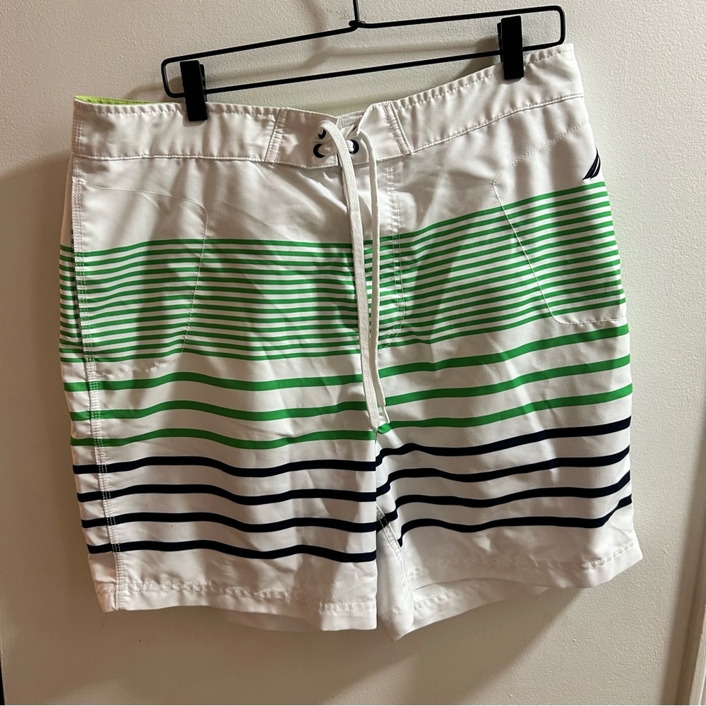 Nautica Mens Swim Trunks Board Shorts White‎ Green Stripe Size 36W